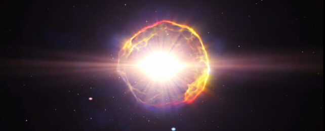 Artists impression of an exploding supernova with a shining gold web of debris around it