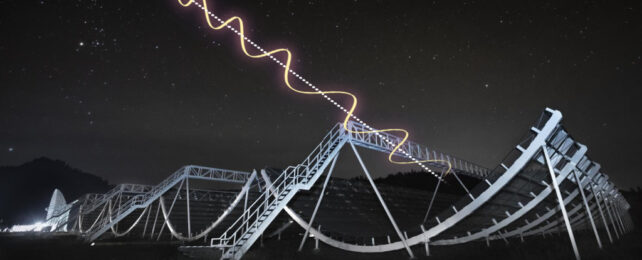 Artist's impression of light wave hitting semi-circular radio telescope.