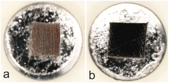 A brown material square on the left and a black square on the right