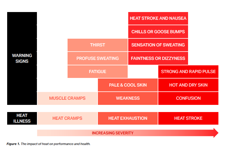 infographic showing that as heat severity increases, warning signs and heat illness intensify. 